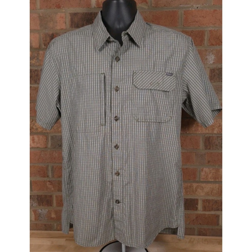 Eddie Bauer Mens‎ Medium Short Sleeve Green Plaid Utility Shirt Vented Hiking